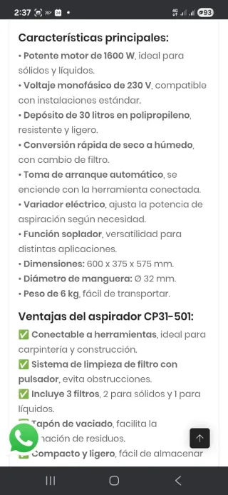 Alquiler/venta Aspirador Cevik CP31-501 Seco/Húmed