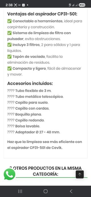 Alquiler/venta Aspirador Cevik CP31-501 Seco/Húmed