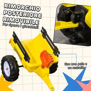 Tractor a Pedales para Niños a Partir de 3 Años con Remolque, Rastrillo y Pala, Coche de Jugar con Claxon, Amarillo