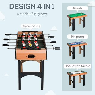 Mesa Multijuego 4 en 1 Con Futbolín, Billar, Ping Pong Y Hockey De Mesa, Mesa De Juego Con Accesorios, en Madera MDF, Madera Natural Y Negra