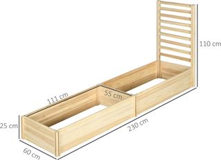 Cama para Huerto Elevado de Exterior en Madera de Abeto con 2 Fondos Abiertos y Espaldera, Jardín con Enrejado para Plantas Trepadoras, para Flores, Plantas, 230X60X110 Cm, Color Madera