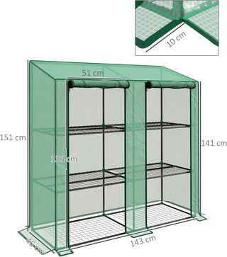 Invernadero de Jardín con Cubierta de PE y 6 Estantes de Malla, Invernadero Adosado para Balcón con 2 Puertas Enrollables, 143X46X151Cm, Verde