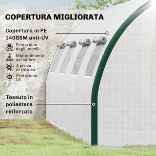 Invernadero de túnel 6X3 M con 2 puertas con cremallera y 8 ventanas, invernadero para huerto en PE, acero galvanizado y poliéster, blanco y verde