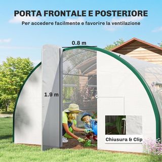 Invernadero de túnel 6X3 M con 2 puertas con cremallera y 8 ventanas, invernadero para huerto en PE, acero galvanizado y poliéster, blanco y verde