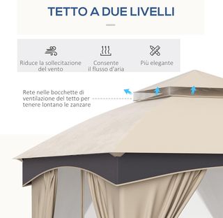 Gazebo De Jardín 3X3 M en Acero Con Doble Techo, Redes y Cortinas Incluidas, Beige y Café
