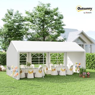 Gazebo De Jardín 6X3 M Con Ventanas Laterales, Carpa Para Fiestas De 3 Habitaciones Con Puertas De Cremallera Y Recubrimiento Anti UV, Blanco