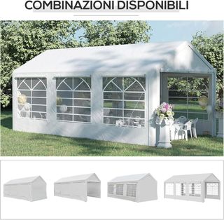 Gazebo De Jardín 6X3 M Con Ventanas Laterales, Carpa Para Fiestas De 3 Habitaciones Con Puertas De Cremallera Y Recubrimiento Anti UV, Blanco