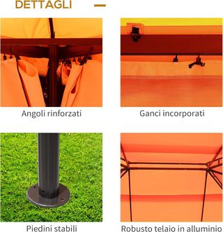 Gazebo da Giardino 4X3 M con Zanzariera e Tende Solari, Gazebo da Esterno con Doppio Tetto in Poliestere Anti UV e Struttura in Lega di Alluminio, Arancione