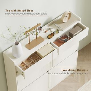 Zapatero Compacto Slim Con 4 Puertas Abatibles, Zapatero de Entrada Con 2 Cajones Deslizables de Madera, Capacidad para 8 Pares, 98X19.2X95.3 Cm, Blanco