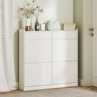 Zapatero Compacto Slim Con 4 Puertas Abatibles, Zapatero de Entrada Con 2 Cajones Deslizables de Madera, Capacidad para 8 Pares, 98X19.2X95.3 Cm, Blanco