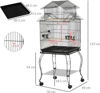 Jaula para Aves de Interior en Acero y Madera con Bandeja Extraíble, 4 Ruedas, Perchero y Contenedor de Alimentos, 50X49X137Cm, Negro