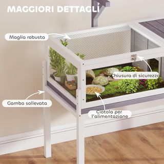 Casa para Tortugas Elevada con Divisor, Bandeja Extraíble y 2 Tapas, Tortuguera de Madera de Abeto y PS, 104X53X82 Cm, Gris y Blanco