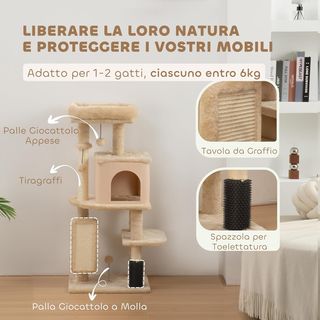 Árbol Rascador Multinivel Alto 132 Cm, Gimnasio para Gatos Con Casita, Cama para Gatos, Pilares Rascadores, Plataforma, Cepillo y Pelota, Dispositivo Antivuelco, Beige