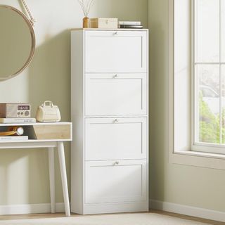 Zapatero Ahorrador Slim Con 4 Puertas Abatibles, Zapatero Moderno de Madera Con Estantes Regulables En 2 Niveles, Porta Zapatos para 18-24 Pares Con Asa, 60X23.5X151 Cm, Blanco