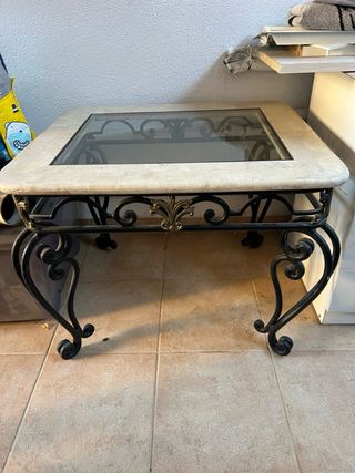Mesa auxiliar forja, mármol y cristal