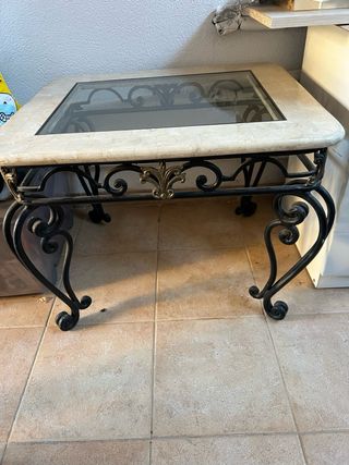 Mesa auxiliar forja, mármol y cristal