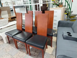 Juego de 6 Sillas de Comedor de Madera y Piel