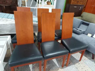 Juego de 6 Sillas de Comedor de Madera y Piel
