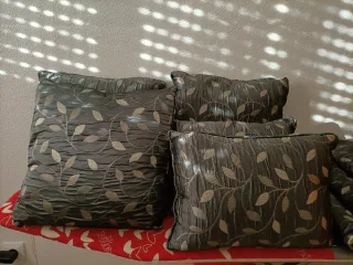 Conjunto 3 cortinas y 5 cojines plata y azul