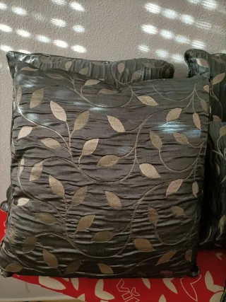 Conjunto 3 cortinas y 5 cojines plata y azul