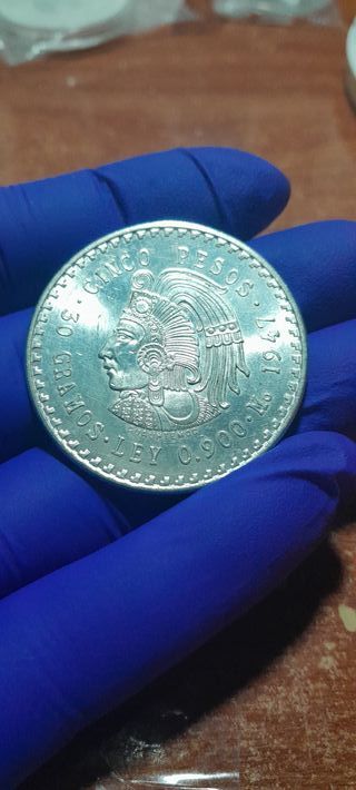 Moneda Plata 5 Pesos 1947 México