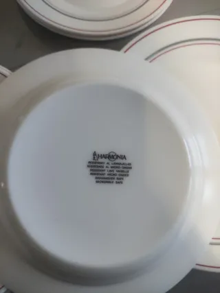 Vajilla de porcelana con borde rojo y gris