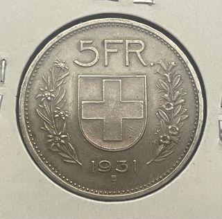 5 Francos Suiza 1931. Efigie Herdsman, pastor