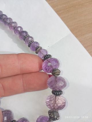 Antica collana ametista sfaccettata e lega d' arg.
