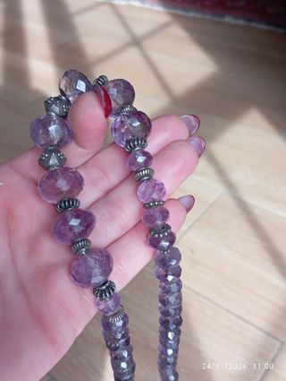 Antica collana ametista sfaccettata e lega d' arg.