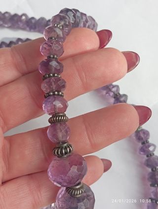 Antica collana ametista sfaccettata e lega d' arg.
