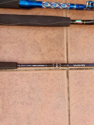 Tres cañas de pescar con su carretes eléctricos