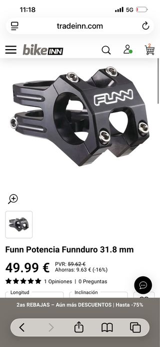 Potencia MTB Funn 45 mm largo para manillar 31.8mm
