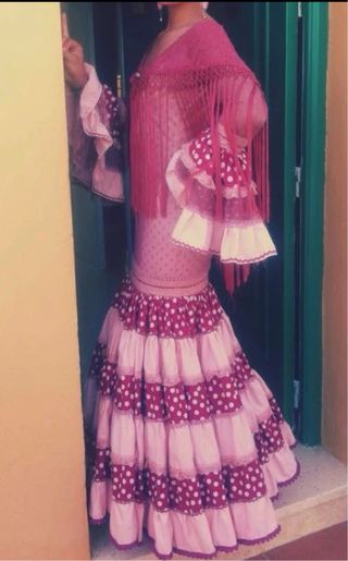Traje Flamenca Plumeti Rosa y Rojo