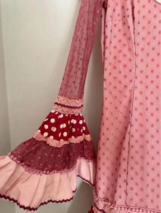 Traje Flamenca Plumeti Rosa y Rojo