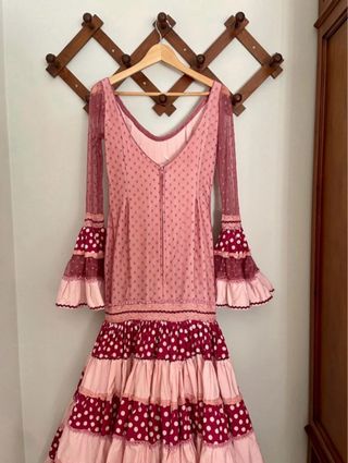 Traje Flamenca Plumeti Rosa y Rojo
