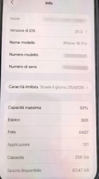 iPhone 16 Pro 256GB Argento - Batteria 92%
