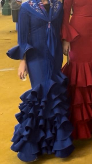 Traje de flamenca, mantón, flor y pendientes