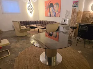 Mesa redonda cristal y metal diseño 60s