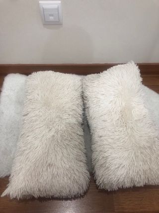 Alfombra y cojines grises y blancos