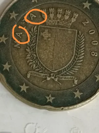 Moneda 20 céntimos Malta 2008 error acuñacion