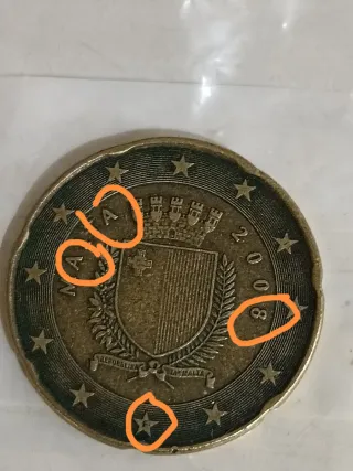 Moneda 20 céntimos Malta 2008 error acuñacion
