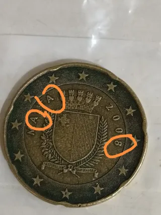 Moneda 20 céntimos Malta 2008 error acuñacion