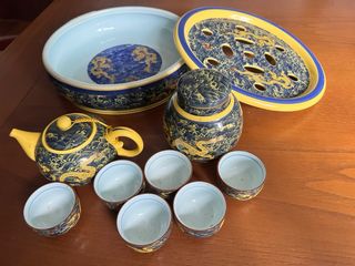 Juego de té chino dragón azul y amarillo