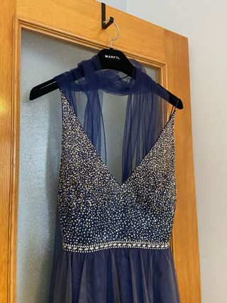 Vestido Marfil Barcelona azul y plata