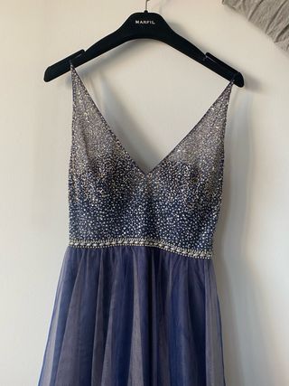 Vestido Marfil Barcelona azul y plata