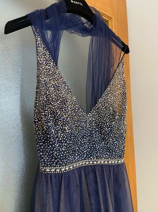 Vestido Marfil Barcelona azul y plata