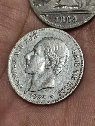 Monedas 3 Pesetas Plata España 1869 y 1882