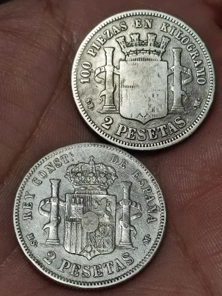 Monedas 3 Pesetas Plata España 1869 y 1882