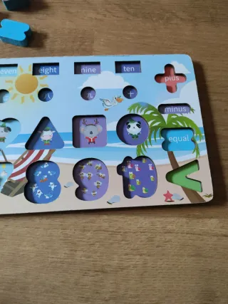 Puzzle madera números, peces, anillas y formas 5€