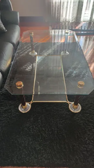 Mesa de centro cristal y metal dorado y bronce